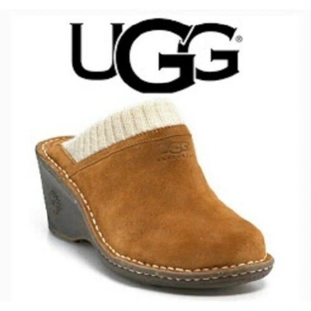 Ugg Brown Gael Suede Wedge Heel Slip On Clog
